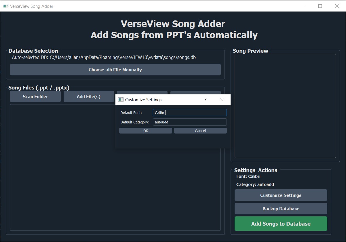 VerseView App Settings Dialog Screenshot